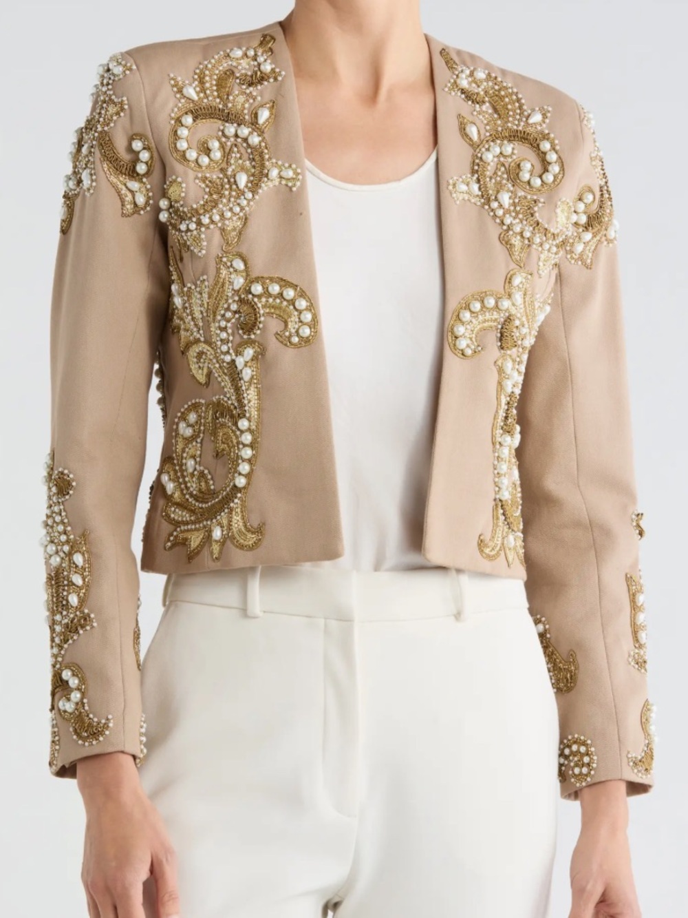 L’AGENCE Remini Pearl & Gold Embellished Cropped Blazer NWT sz 6